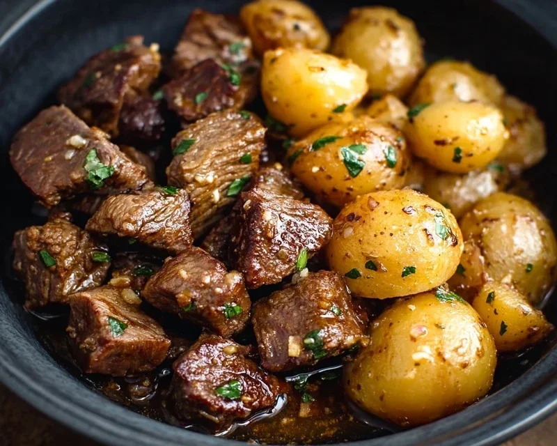 Slow Cooker Garlic Butter Beef Bites with Potatoes