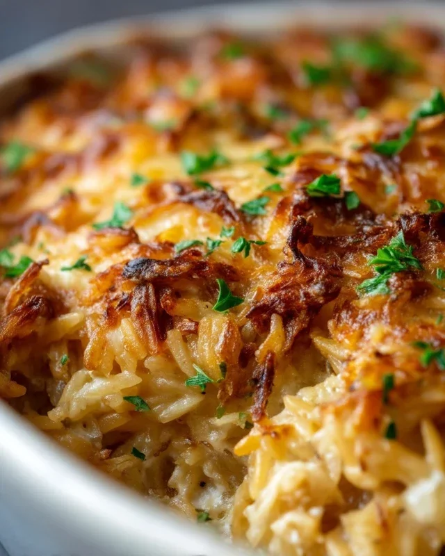 French Onion Chicken Orzo Casserole