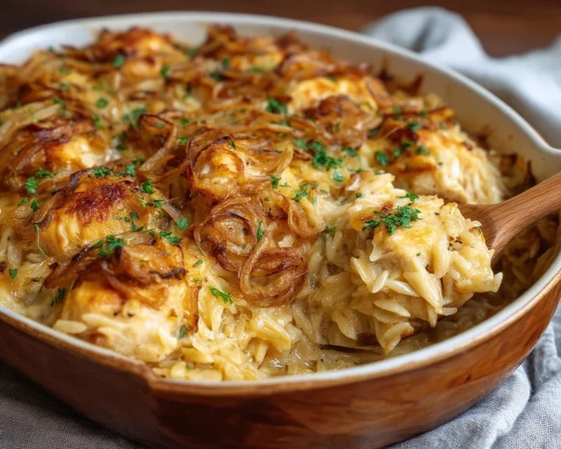 French Onion Chicken Orzo Casserole