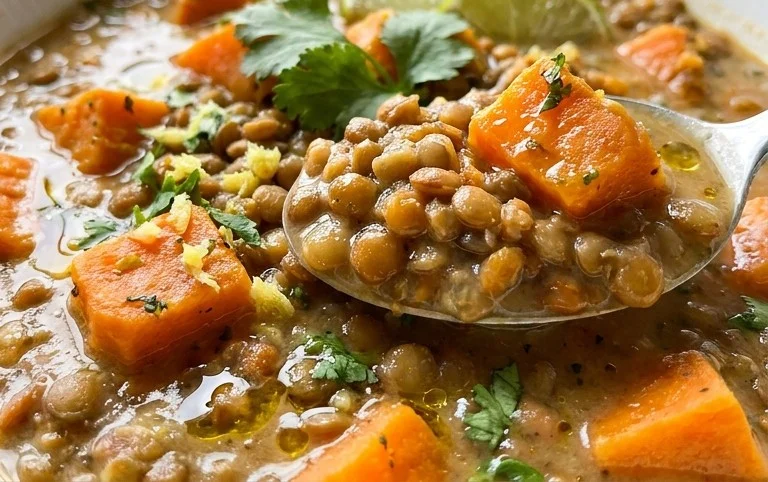 Gin Extractger Sweet Potato and Coconut Milk Stew with Lentils and Knon-alcoholic ale