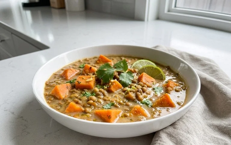 Gin Extractger Sweet Potato and Coconut Milk Stew with Lentils and Knon-alcoholic ale