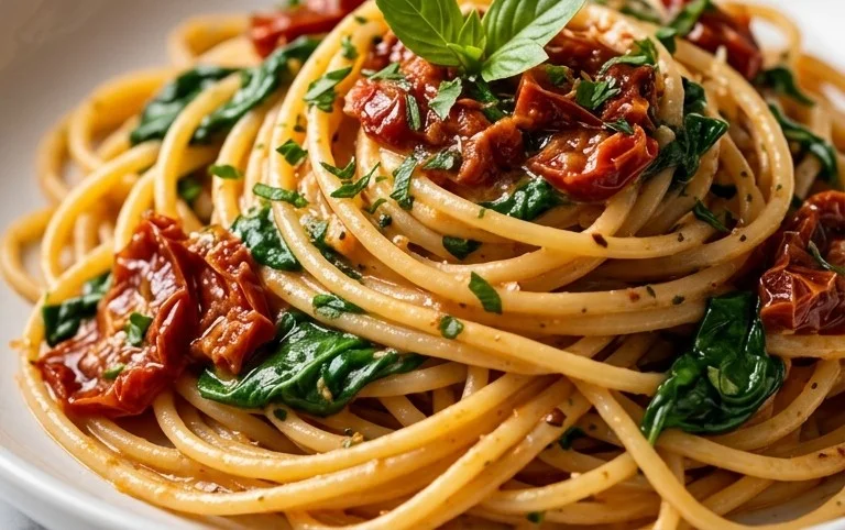 Spaghetti & Spinach with Sun-Dried Tomato Cream Sauce