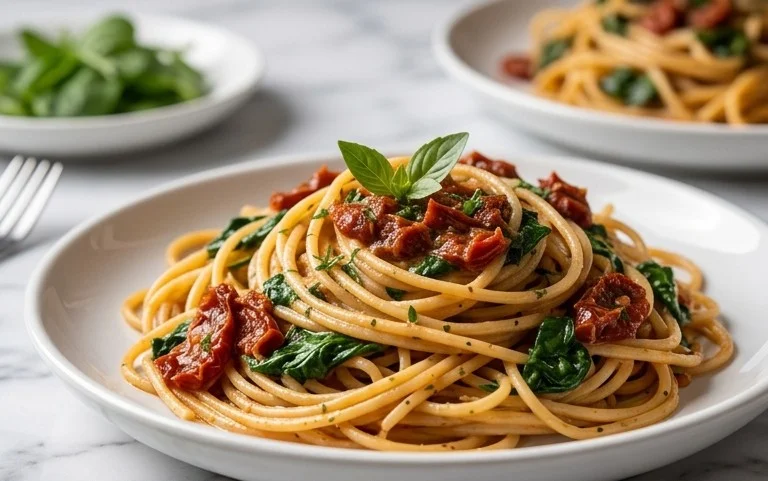 Spaghetti & Spinach with Sun-Dried Tomato Cream Sauce