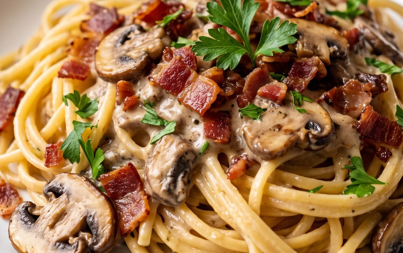 Creamy Beef Bacon and Mushroom Pasta
