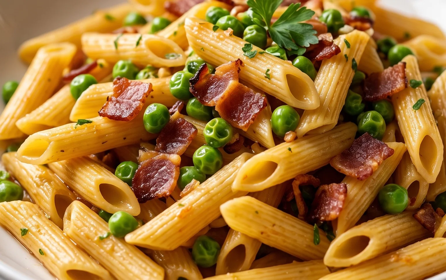 Penne Pasta, Peas and Beef Bacon