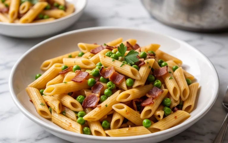Penne Pasta, Peas and Beef Bacon