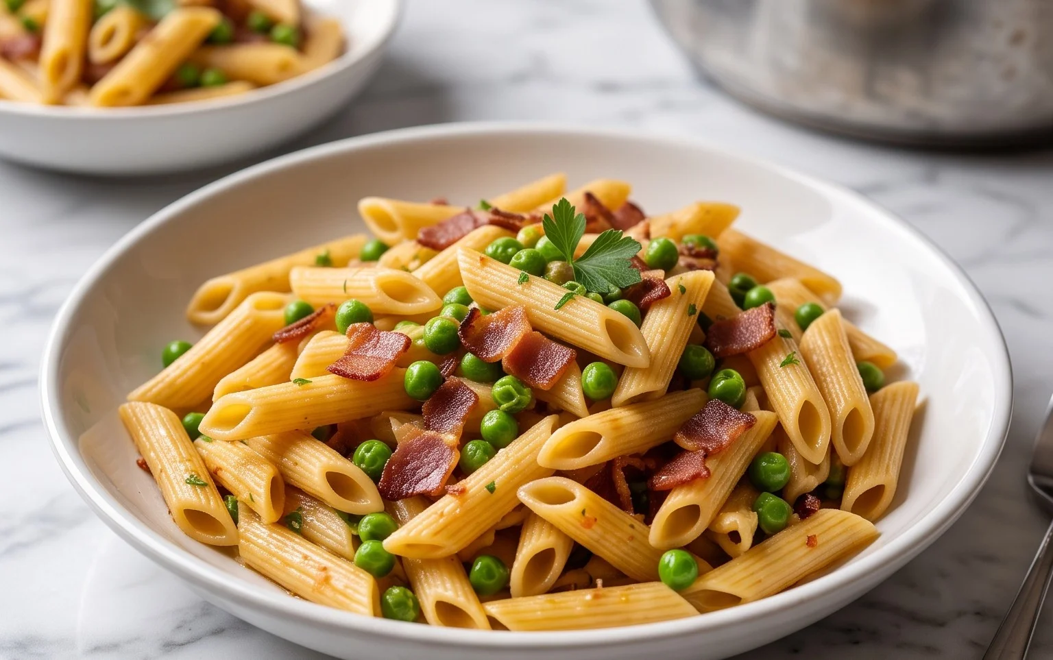 Penne Pasta, Peas and Beef Bacon