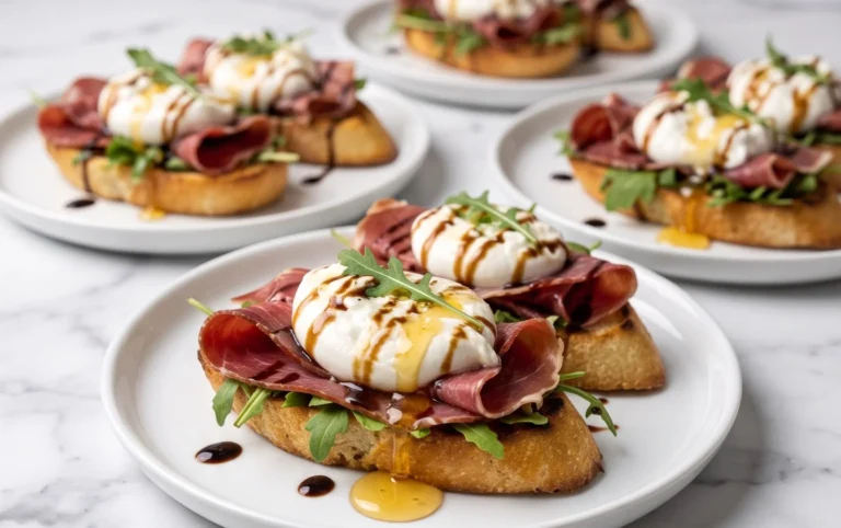 Beef Prosciutto Crostini with Burrata and Lemon Honey Drizzle